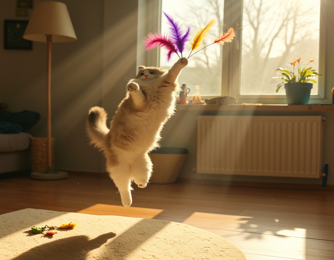 Cat leaps into the air, its paws reaching for a multicolored feather toy that flutters enticingly, bathed in golden sunlight in a cozy room.